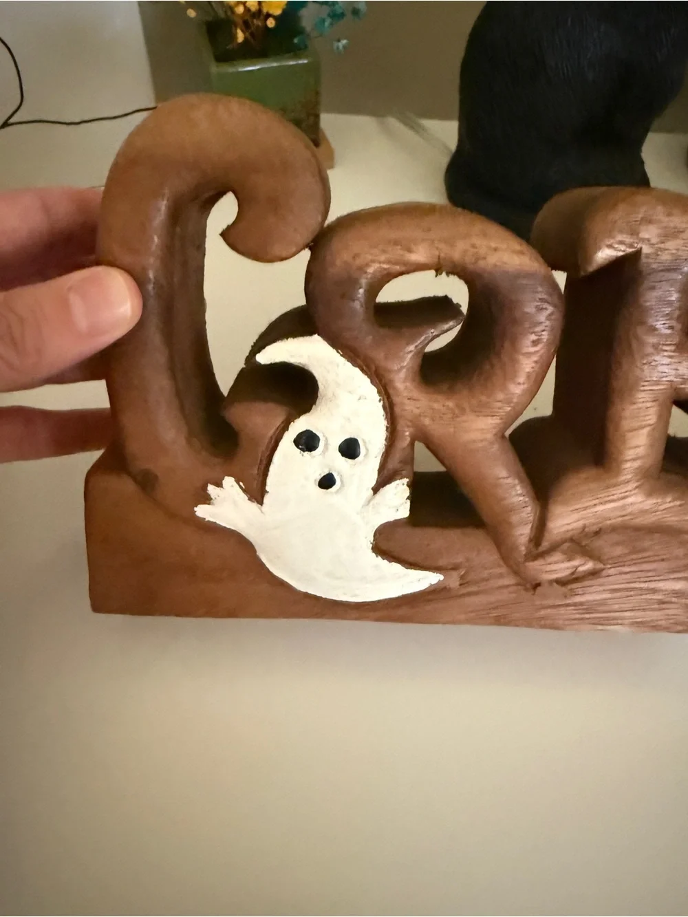 Wooden Halloween Decor CREEPY Decorative Sign with White Ghost Accents